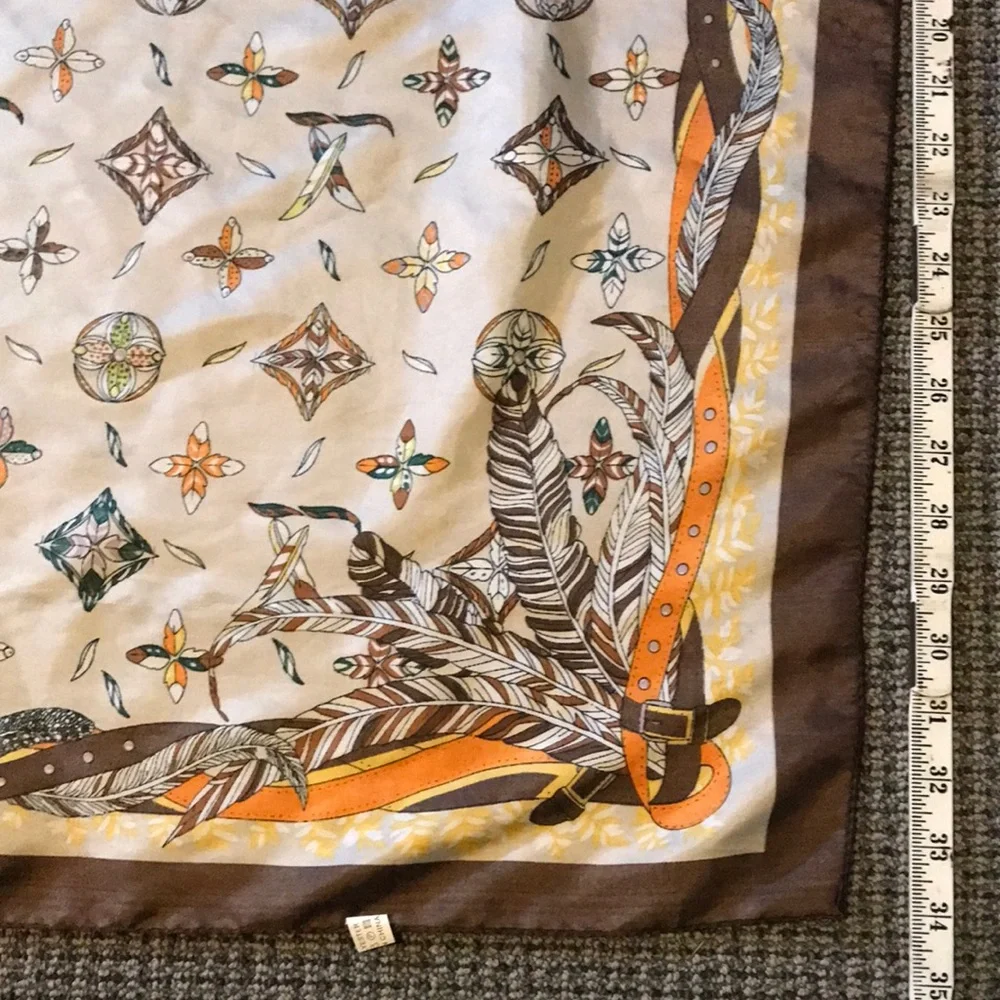 Silk-Style Square Scarf‎ with Feather & Medallion Motif - Cream, Brown, Yellow